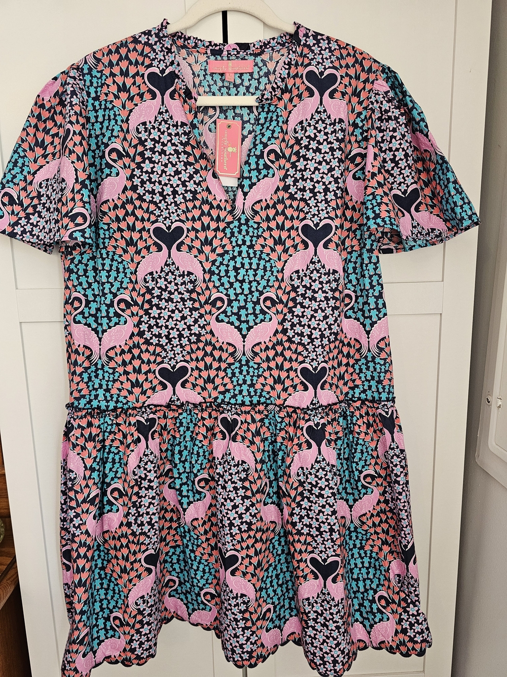 NWT Simply Southern Drop Waist Flamingo Floral Mini Dress Pink Teal Women's L